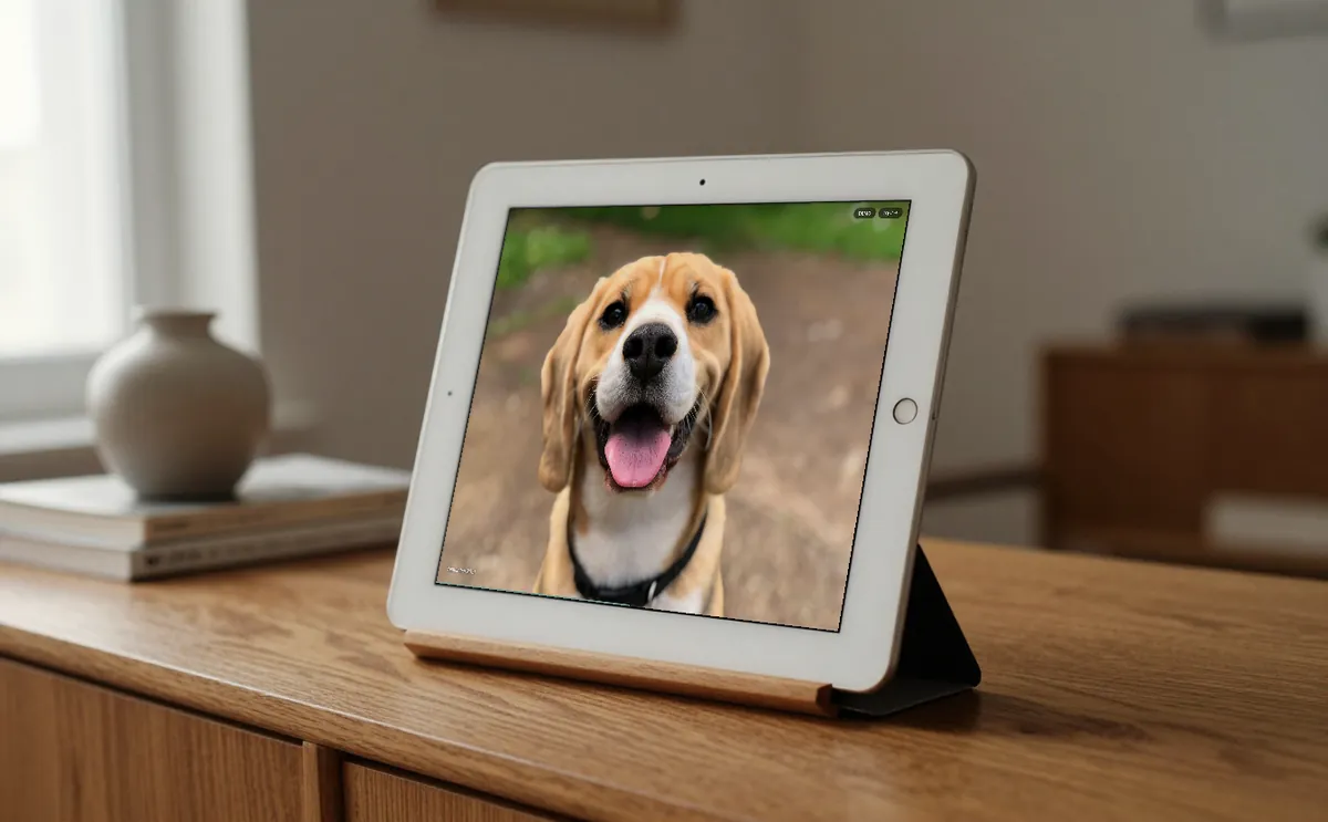 An old iPad on a wooden sideboard running Okno, showing a photo of a dog.